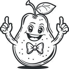 A cheerful cartoon pear character with a bowtie and thumbs up gesture, perfect for children.