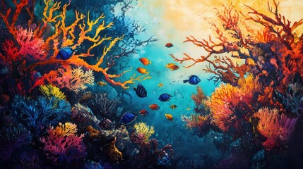 Vibrant underwater coral reef teeming with colorful fish.