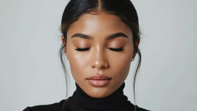 Close-up portrait of a brunette woman with beautiful makeup, wearing a black turtleneck against neutral background