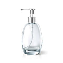 Obraz premium Soap Dispenser – A 3D glass soap dispenser, sleek and modern, transparent with glossy polished surface, soft reflections, white background, icon illustration Generative AI