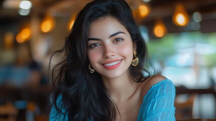 Obraz premium Beautiful Young Woman Smiling Portrait Attractive Happy Girl Long Black Hair Blue Dress Casual Fashion Model Female Beauty Natural Light Indoor Cafe Background Gorgeous Radiant Smiling Face calm 