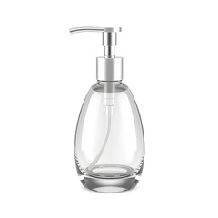 Obraz premium Soap Dispenser – A 3D glass soap dispenser, sleek and modern, transparent with glossy polished surface, soft reflections, white background, icon illustration Generative AI