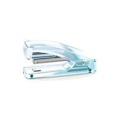 Stapler &ndash; A 3D glass stapler, small and elegant, glossy transparent surface, soft reflections, white background, icon-style illustration. Generative AI