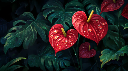 Nature's heartfelt beauty close-up of raindrop-laden red anthurium in lush green environment. Echo Petals. Illustration