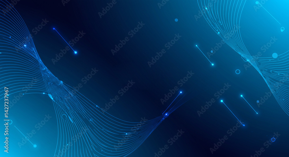 Wall mural abstract blue background featuring flowing lines and glowing dots creating a modern technology desig