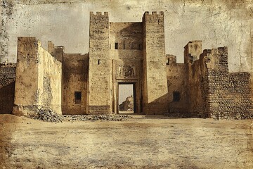 Fallen kingdom of watchers lies ruins crumbling towers charred remnants etched sepia tones sepia etching technique aged paper conveys lost glory divine retribution as chronicled in the Book of Enoch