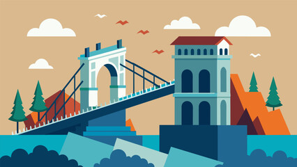 The controlled collapse of a crumbling bridge making way for a new and improved structure.. Vector illustration