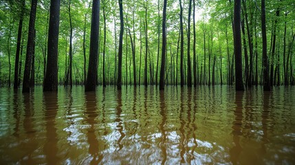 Obraz premium Flooded forest, trees reflected in murky water, swampy background, nature photography
