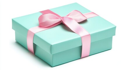 Elegant Light Teal Gift Box with Delicate Pink Ribbon Bow Perfect for Birthday Anniversary or Special Occasion Present Surprise Packaging Design cute silk wrap color white image happy sweet shiny     