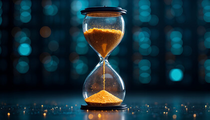 Digital hourglass with glowing particles representing time and data flow, layered in transparent panels and holographic waves, ideal for tech, innovation, and futuristic timing