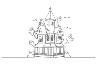 Fototapeta premium Haunted house illustration with ghosts on a spooky background 