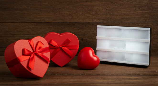 Red heart shaped boxes and a small heart with a blank lightbox on a wooden surface background