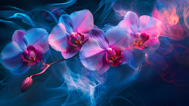 Vibrant orchids with smoke in pink and blue, artistic floral composition. Matrix Blossom. Illustration