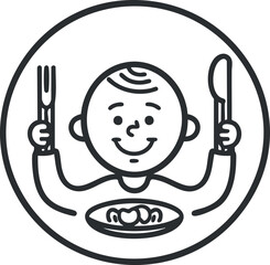 A cheerful child excitedly holding a fork and spoon ready to eat a delicious meal.