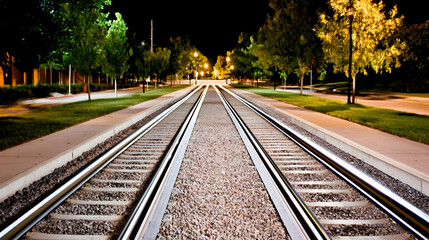 Fototapeta premium Night train tracks vanishing point, illuminated trees, city park background; transport, travel stock photo