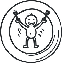 A cheerful cartoon character celebrates food with forks in a playful manner on a plate.