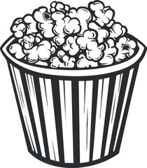 A classic striped popcorn bucket filled with delicious buttery popcorn ready for movie night