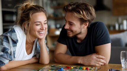 Fototapeta premium Young Couple Enjoying Playing Board Game Together at Home with Smiles and Laughter