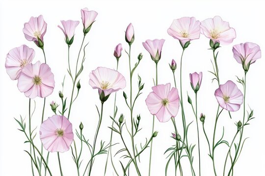 Watercolor painting of delicate pink flowers with slender green stems