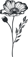 A beautiful black and white illustration of a stylized flower with elegant petals and leaves.