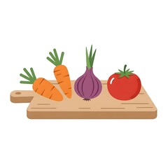 Fresh Carrots Onion Tomato Wooden Cutting Board Vegetables Cooking Ingredients