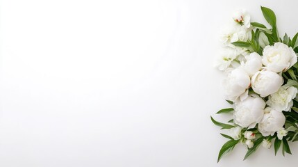 Fototapeta premium White flowers arranged in a delicate bouquet with green leaves, minimalist composition on a white background, and elegant and serene floral arrangement.