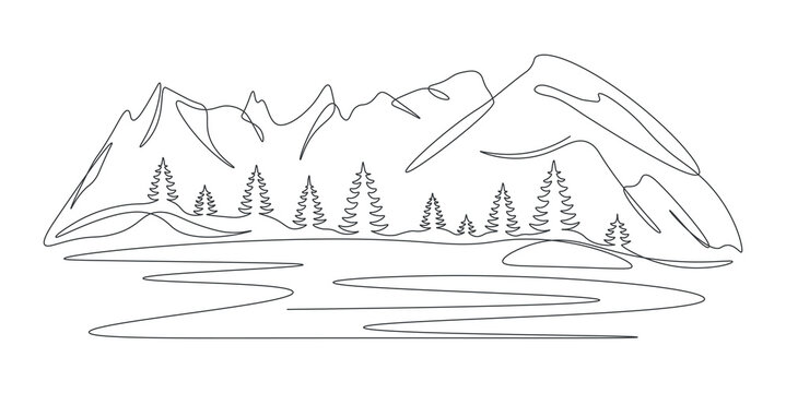 Mountain landscape with fir trees. Forest landscape with lake in one continuous line. Minimalistic hand drawing. Single line panoramic sketch. Editable vector illustration on white background.