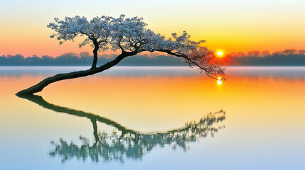 Fototapeta premium Serene sunrise over calm lake with blossoming tree reflecting in water; perfect for peaceful, nature-themed designs