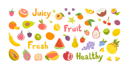 A bright set of different fruits and berries. Dragon fruit, mango, papaya, peach, cherry, fig, passion fruit, apple, grape