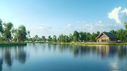 Obraz premium Charming House by the Serene River and Lake in the Countryside