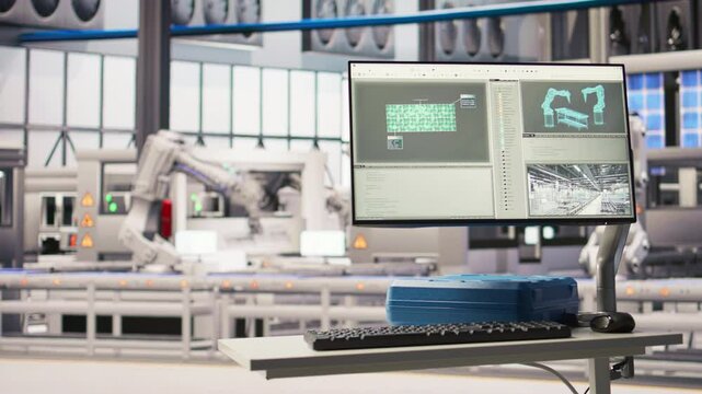 Robotics software on screen in smart factory used to inspect machinery for operational integrity. Monitor in industry 4.0 industrial plant equipped with advanced sensors overseeing gear, panning shot