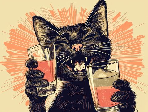 A cheerful black cat joyfully holds two glasses of a reddish drink, radiating happiness.  The background features a burst of warm colors