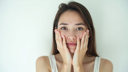 Fototapeta premium Beautiful Young Woman Gently Touching Her Face in a Soft and Elegant Portrait.