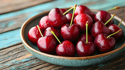 Fresh Red Cherries on Rustic Wooden Table in Decorative Bowl
