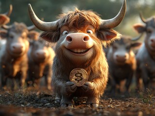 A cheerful cartoon bull holds a coin, surrounded by a herd in a field