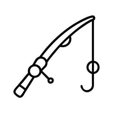 recommend clip art: Minimalist line icon of fishing rod with reel and hook, black outline on white background, angling equipment and sport fishing gear symbol