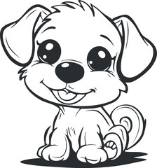 A cute cartoon puppy illustration with a playful expression and big eyes in black and white.
