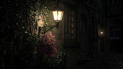 Fototapeta premium Pixellated Nighttime European Town Street Scene With Lamp And Flowers