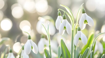 Obraz premium Snowdrops in Full Bloom Under Soft Sunlight in Bright Background