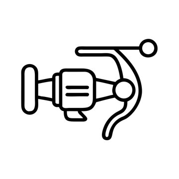 recommend clip art: Minimalist line icon of fishing reel equipment, black outline on white background, angling gear, sport fishing and outdoor hobby tool symbol
