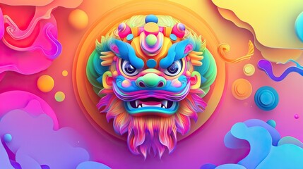 Bright bold backdrop with lion dance accents in a circular motion with layered elements