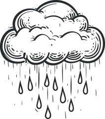 A hand-drawn illustration of a cloud with rain droplets falling from it.