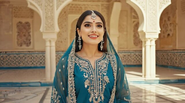 Elegant woman in traditional Indian clothing smiles standing in a patterned courtyard, sunlight reflecting off stone arches.