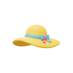 Fototapeta premium A yellow sun hat with a light blue and pink ribbon. The hat has a round crown and a wide brim, a cheerful accessory against a black background.