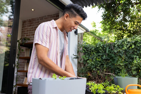 Man tending seedlings in planter box on patio beside modern brick house, with orange watering can