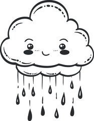A cute cartoon cloud with a smiling face and raindrops falling from it.