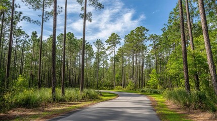Curved road winding through dense pine woods, dappled with light filtering through the trees