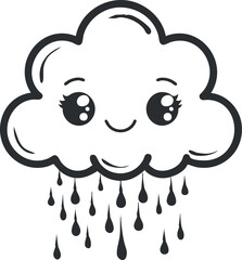 A cute cartoon cloud character with a smiling face and raindrops falling down.