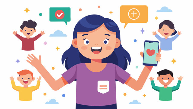 A girl excitedly showing her friends a new app she discovered boasting about its features and usefulness.. Vector illustration
