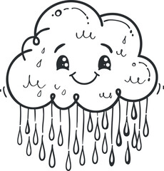 A cute cartoon cloud character with a smiling face and raindrops falling from it